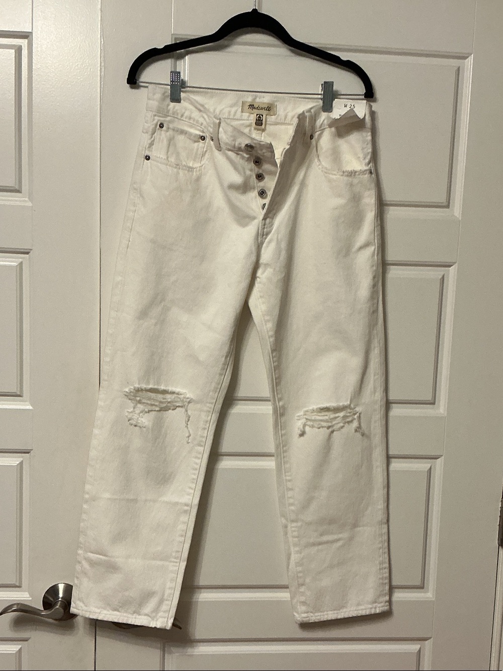 Madewell NWT The Dean Easy Straight Crop Jeans White Distressed Size 25